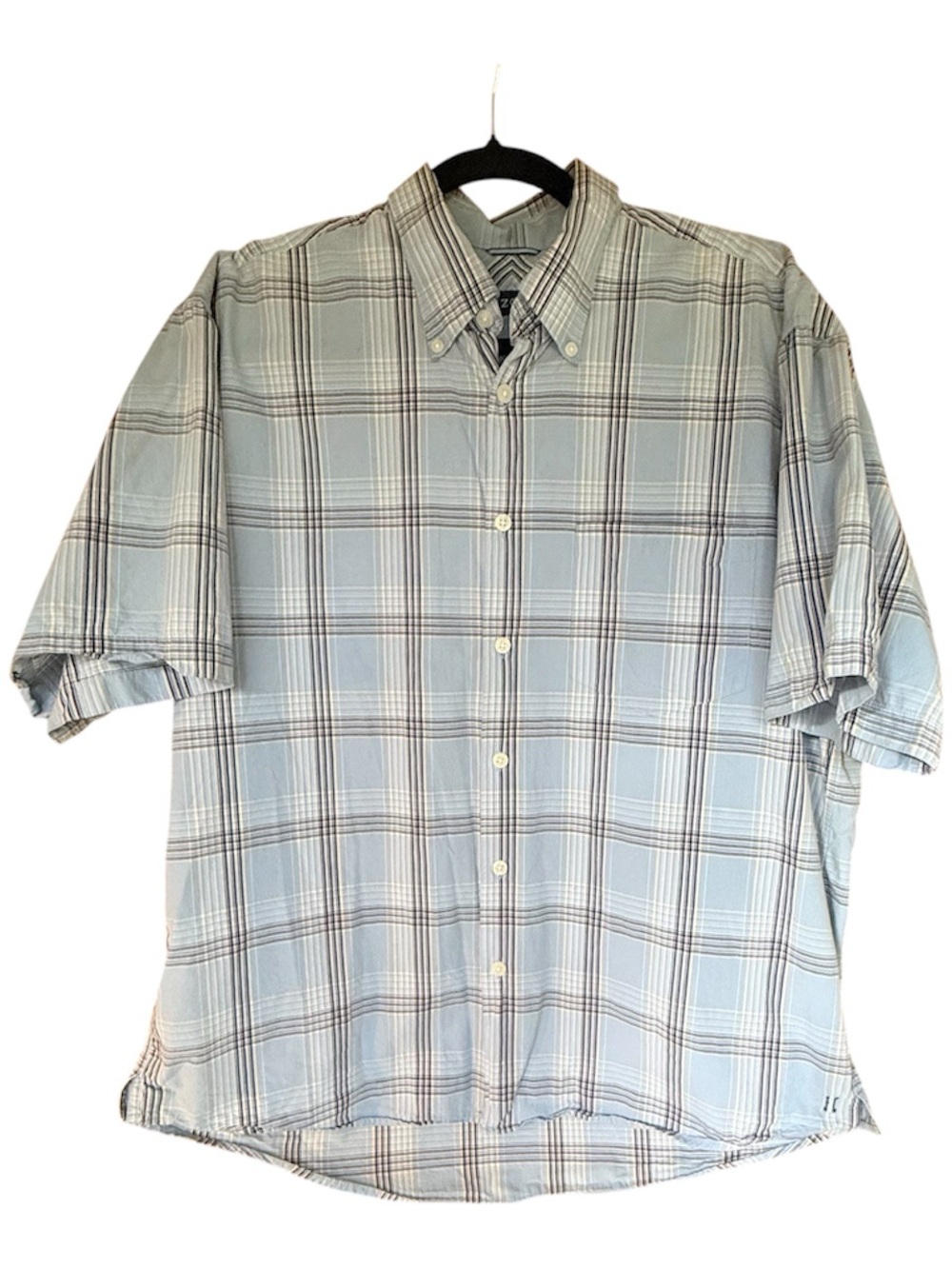 IZOD Mens Size Large Short Sleeve Plaid Button Up Down Shirt Blue Cotton
